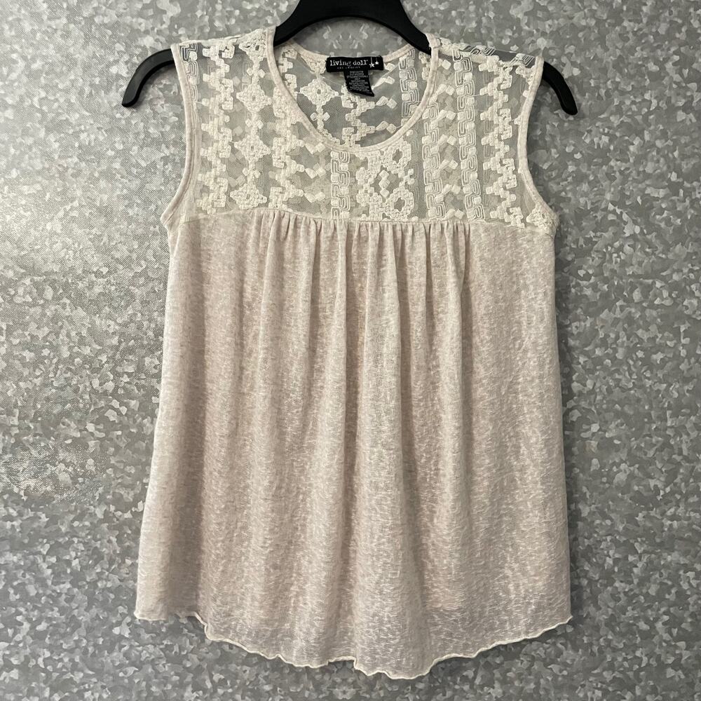 Living Doll Ivory Lace Babydoll Boho Sleeveless Top - Size Medium - Semi Sheer